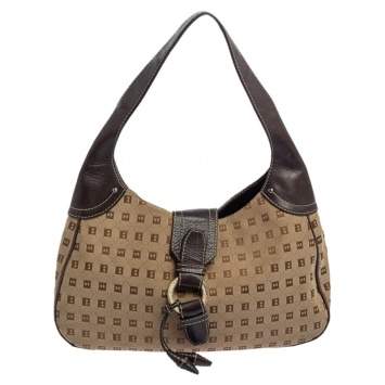 Pre Owned Bally Brown/Beige Monogram Canvas and  Leather Flap Hobo