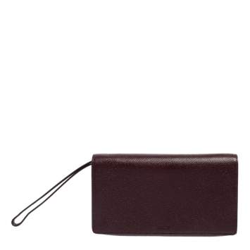 Pre Owned Bally Burgundy Leather Flap Wristlet Clutch