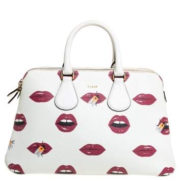 Pre Owned Bally White Lip Print Leather Berkeley Double Zip Tote