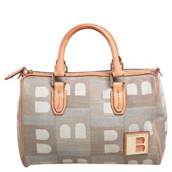 Pre Owned Bally Beige/Grey Monogram Fabric and Leather Boston Bag