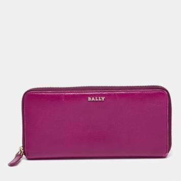 Pre Owned Bally Purple Leather Zip Around Wallet