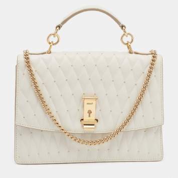 Pre Owned Bally Cream Quilted Leather Embellished Top Handle Bag