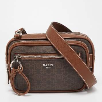 Pre Owned Bally Two Tone Brown Monogram Canvas and Leather Zip Crossbody Bag