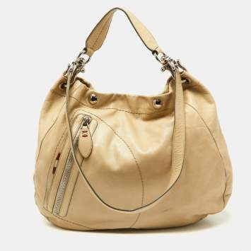 Pre Owned Bally Cream Leather Front Zip Pocket Hobo