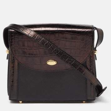 Pre Owned Bally Black Leather and Croc Embossed Leather Vintage Flap Crossbody Bag