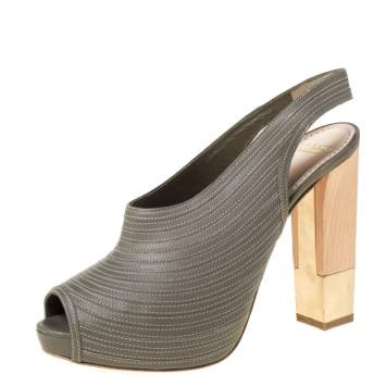 Pre Owned Bally Grey Leather Wooden and Metal Heel Slingback Sandals Size 38