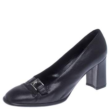 Pre Owned Bally Black Buckle Lizard Leather Block Heel Pumps Size 39