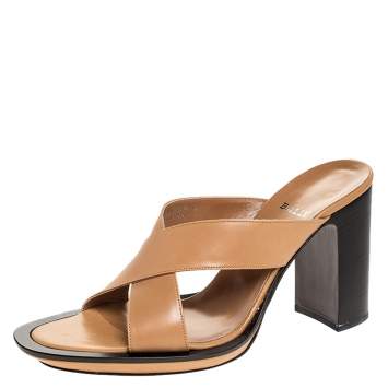 Pre Owned Bally Brown Leather Cross Strap Block Heel Slide Sandals Size 38