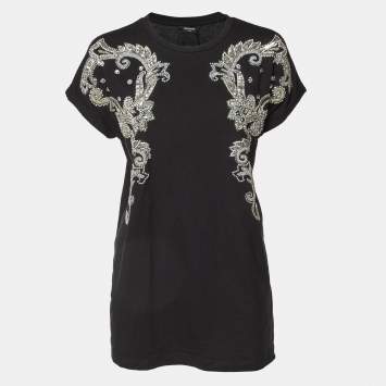 Pre Owned Balmain Black Embellished Cotton Knit Top S