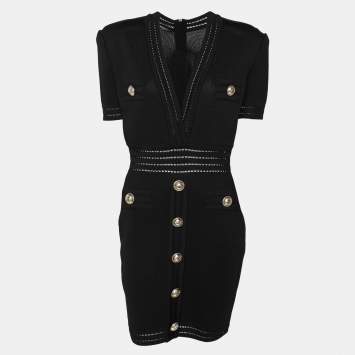 Pre Owned Balmain Black Stretch Knit Bodycon Mini Dress M