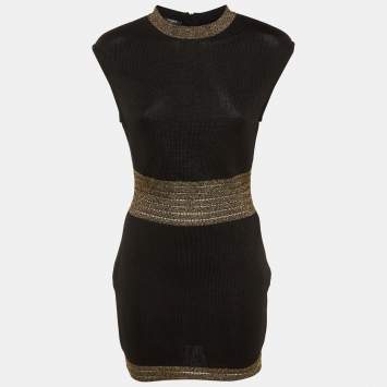 Pre Owned Balmain Black Knit & Lurex Trim Detail Mini Dress M