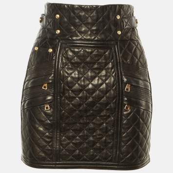 Pre Owned Balmain Black Quilted Leather Mini Skirt M