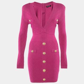 Pre Owned Balmain Pink Plunge Neck Knit Mini Dress S 