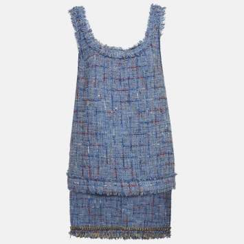 Pre Owned Balmain Blue Tweed and Denim Sleeveless Top & Mini Skirt Suits L