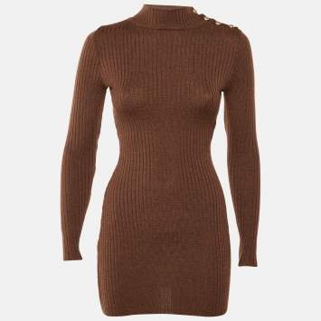 Pre Owned Balmain Brown Merino Wool Knit Bodycon Dress S