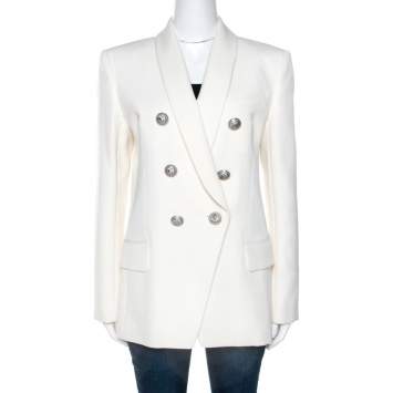 Pre Owned Balmain Off White Wool Double Breasted Blazer M