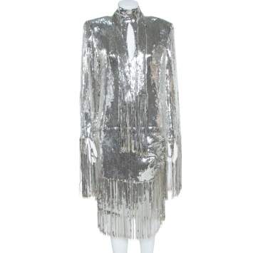 Pre Owned Balmain Silver Sequined Fringed Scarf Dress M