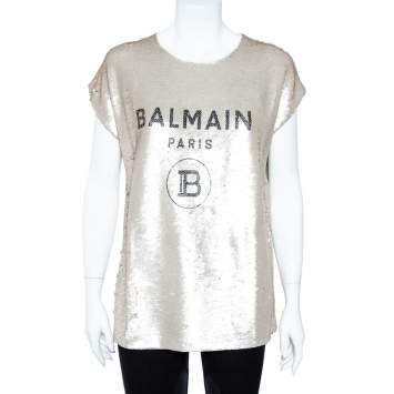 Pre Owned Balmain Pale Gold Sequined Logo Top S