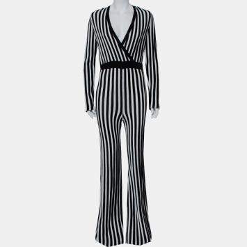 Pre Owned Balmain Monochrome Striped Knit Faux Wrap Jumpsuit M
