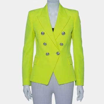 Pre Owned Balmain Neon Yellow Wool Double Breasted Button Front Blazer M