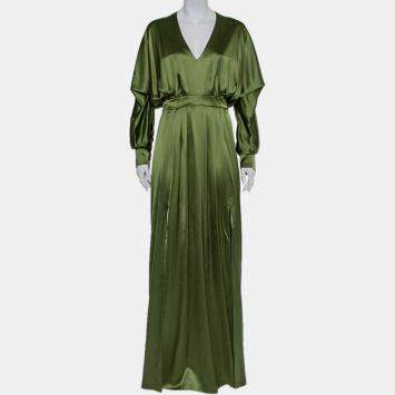 Pre Owned Balmain Green Silk Satin Pleated Front Slit Detail Maxi Dress S