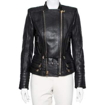 Pre Owned Balmain Black Leather Zip Front Biker Jacket M