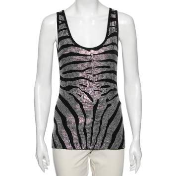 Pre Owned Balmain Black Rhinestone Zebra Pattern Embellished Jersey Top S 