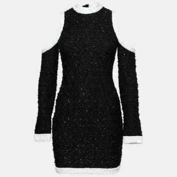 Pre Owned Balmain Black Sequin Embellished Boucle Cold Shoulder Short Dress M