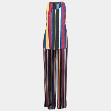 Pre Owned Balmain Multicolor Striped Silk Bead Embellished Top & Pleated Pant Set M