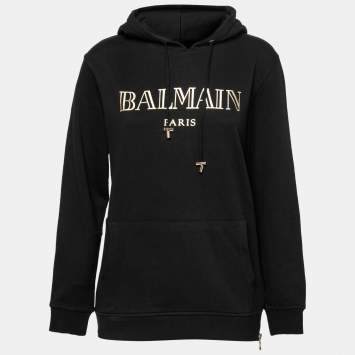 Pre Owned Balmain Black Logo Printed Cotton Zip Detail Hoodie S