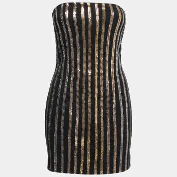 Pre Owned Balmain Black Crepe Gold Striped Embellished Strapless Mini Dress M