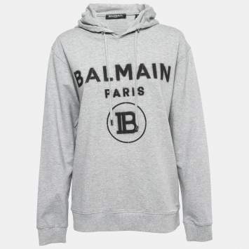 Pre Owned Balmain Grey Logo Printed Hooded Sweatshirt L