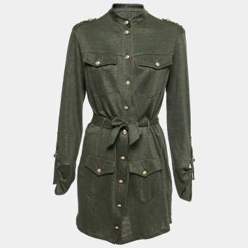 Pre Owned Balmain Kaki Green Knit Button-Embellished Belted Mini Dress M 