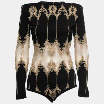 Pre Owned Balmain Black Stretch-Knit Metallic Tulle Paneled Bodysuit L