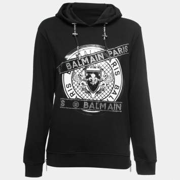Pre Owned Balmain Black Cotton Rhinestone Embellished Hooded Sweatshirt S
