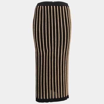 Pre Owned Balmain Black/Gold Ribbed Lurex Knit Midi Skirt L