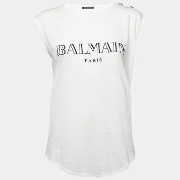Pre Owned Balmain Cream Logo Print Jersey Button Detail T-Shirt M