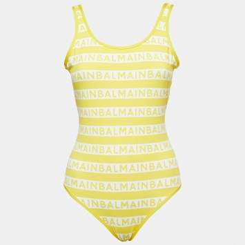 Pre Owned Balmain Yellow Logo Print Striped Nylon Swimsuit M