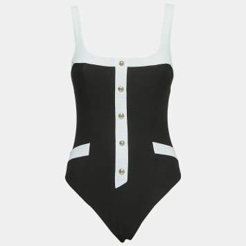 Pre Owned Balmain Black Jersey Button Detailed Swimsuit M