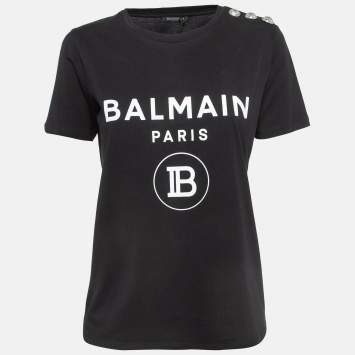 Pre Owned Balmain Black Logo Print Cotton Button Embellished T-Shirt S