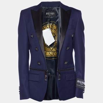 Pre Owned Balmain Navy Blue Wool Zip Detail Slim Fit Jacket M