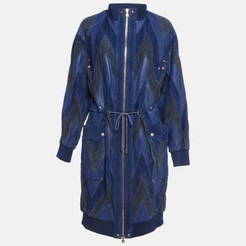 Pre Owned Balmain Blue Suede and Leather Long Zip-Up Jacket M