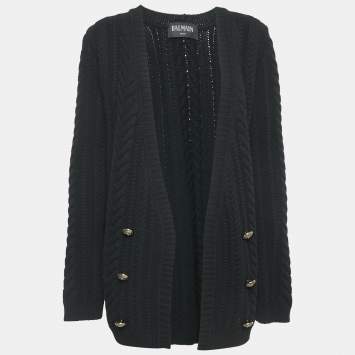 Pre Owned Balmain Black Cable Knit Open Front Cardigan M 