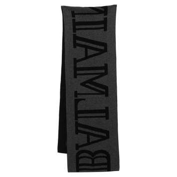 Pre Owned Balmain Black & Grey Logo Jacquard Cotton Muffler 