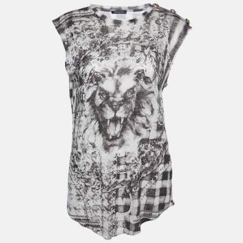 Pre Owned Balmain Grey Printed Linen Knit Sleeveless Top M