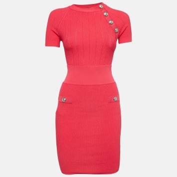 Pre Owned Balmain Pink Rib Knit Button Embellished Skirt Set S