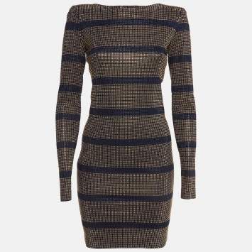 Pre Owned Balmain Blue/Gold Studded Stripe Jersey Mini Dress M
