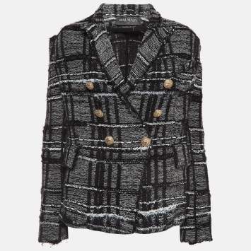 Pre Owned Balmain Monochrome Lurex Tweed Double Breasted Blazer M
