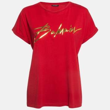 Pre Owned Balmain Red Foil Logo Printed Cotton T-Shirt M