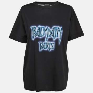 Pre Owned Balmain Black Printed Cotton Jersey T-Shirt M